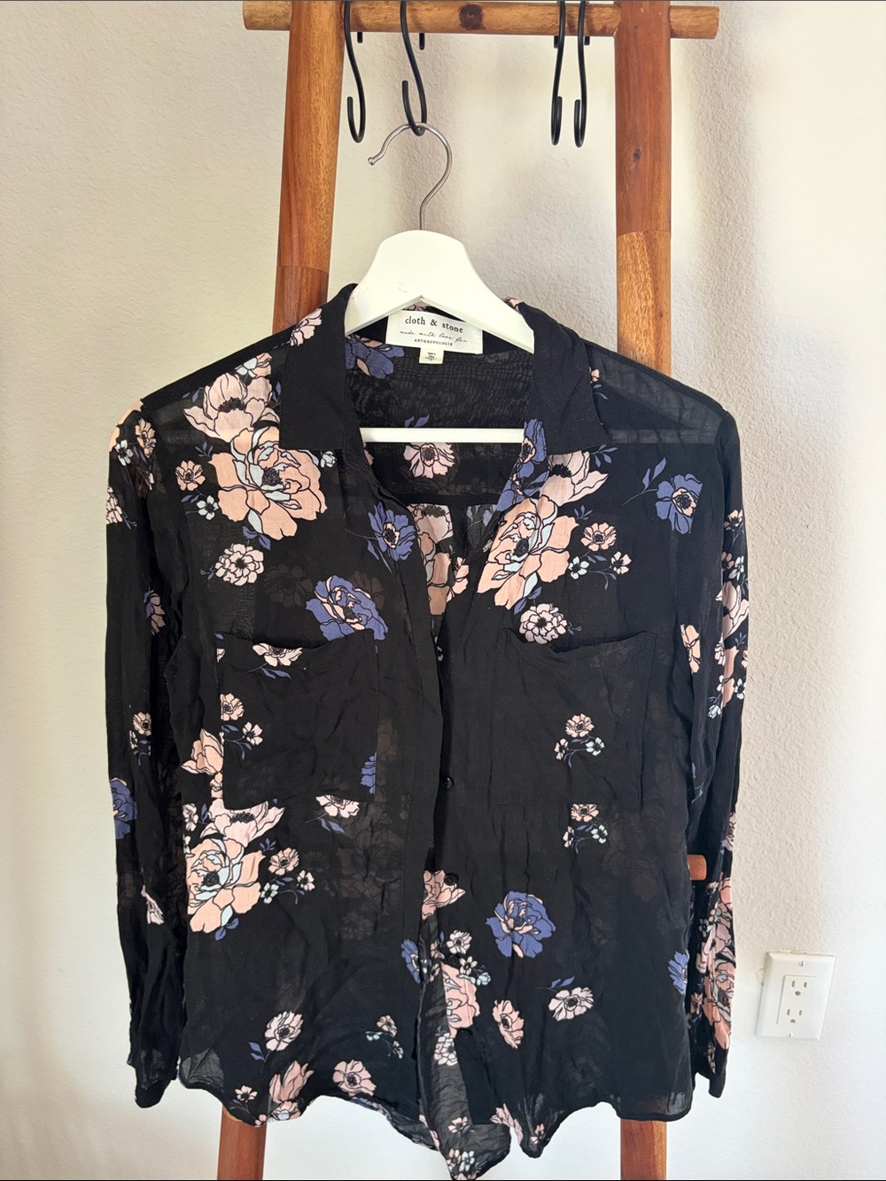 Anthropologie Sheer Black Floral Button-Up Blouse with Pink & Blue Flowers